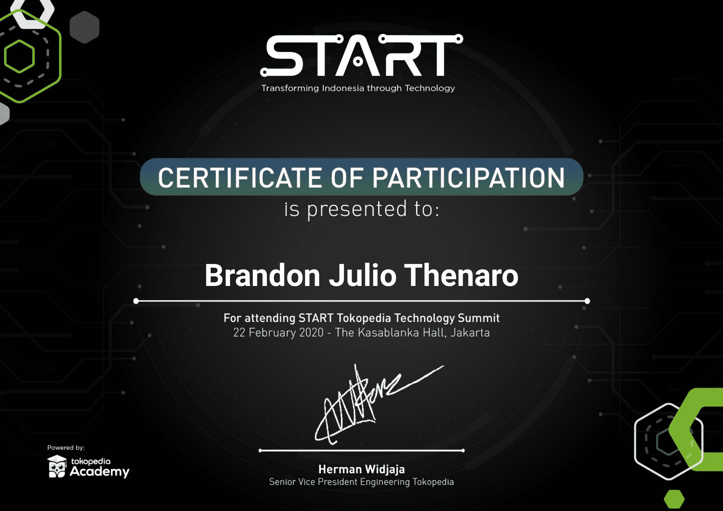 Certificate Tokopedia START Summit